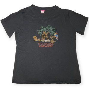 Lat Its 5 O Clock Somewhere Rhinestone Bedazzled V Neck T Shirt